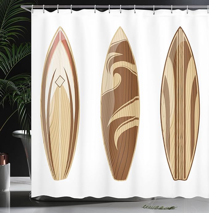 Ambesonne Surfboard Shower Curtain, Surfing Themed Adventurous Woodsy Earthy Color Natural Pattern Remote Shore Illustration, Cloth Fabric Bathroom Decor Set with Hooks, 69" W x 84" L, Brown Caramel