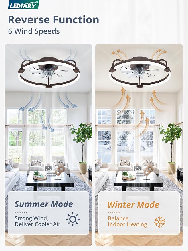 LEDIARY Ceiling Fans with Lights and Remote, 20'' Low Profile Ceiling Fan with Light, 3000-6000K Dimmable Fandelier LED Fan Light, 6 Wind Speeds, Brown Modern Flush Mount Ceiling Fan for Bedroom