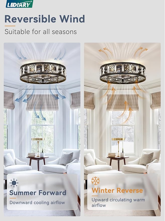 LEDIARY 20" Caged Ceiling Fans with Lights,Flush Mount Vintage Victorian Rustic Crystal Fandelier,Low Profile Farmhouse Enclosed Ceiling Fan with Light and Remote for Bedroom,Kitchen,Indoor(Black)