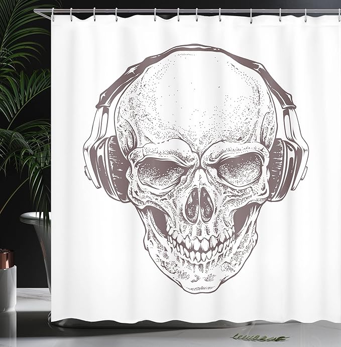 Ambesonne Skull Shower Curtain, Digital Dot Work Style Punk Skull with Headphones Hippie Dead Bones Graphic Print, Cloth Fabric Bathroom Decor Set with Hooks, 69" W x 70" L, Brown White
