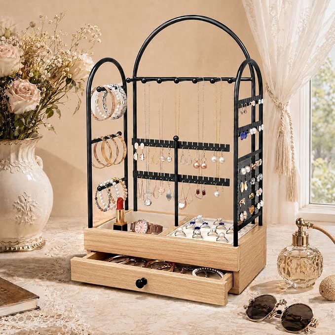 Jewelry Holder, Jewelry Storage Organizer Stand with Velvet Tray & Drawer, Earring Holder & Necklace Display, Multi-section Storage for Necklace, Earrings, Rings, Bracelets, Watches, Gift Idea