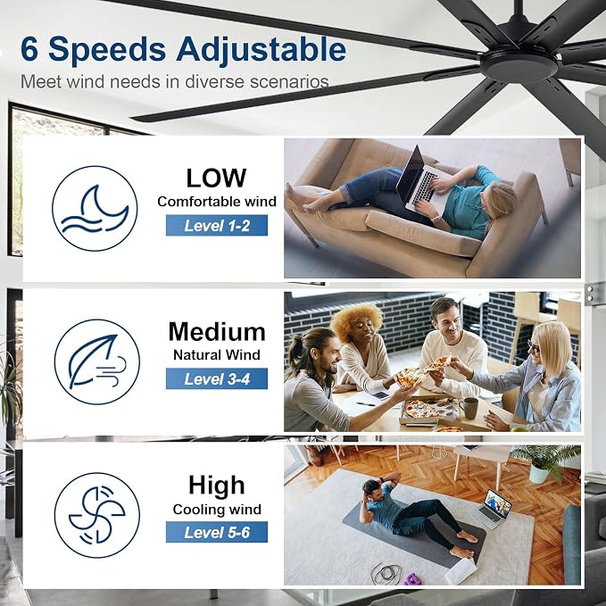Black Ceiling Fan without Light: 100 Inch Outdoor Fan No Light Aluminum Blade - Industrial Large Ceiling Fan with Remote for Shop Garage Patio 6 Speeds Timer