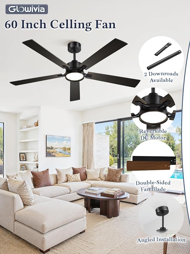 60 Inch Ceiling Fan with Lights and Remote,Smart APP Control | Dimmable LED,3CCT,Smart Memory Function,Quiet DC Motor,Dual-Finish Reversible Blades,Damp Rated,6 Adjustable Speeds,Timer