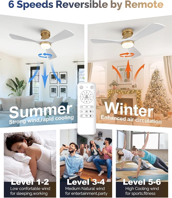 42 Inch Gold Ceiling Fan with Lights, Remote Control, Flush Mount, Dimmable, Reversible,Wood Blades, Power-Off Memory, Quiet DC Motor, Modern Hugger Ceiling Fan for Indoor Outdoor Gold White