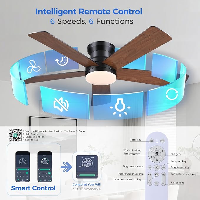 Ayaoty Flush Mount Ceiling Fan with Light and Remote/APP - 48" Low Profile Ceiling Fan with 3CCT Dimmable, 5 Reversible Blades, Modern Indoor Fan Light Fixtures for Bedroom, Kitchen