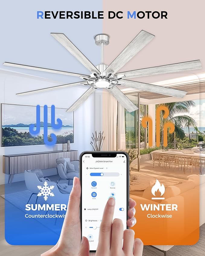 84 Inch Brushed Nickel Ceiling Fan, Smart Alexa Compatible Large Indoor Outdoor Fan for High Ceilings, Covered Patio & Garage, Dual Finish 8 Plywood Blades, ZCCF05BN-84