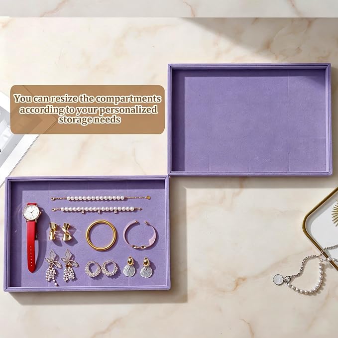 Large Velvet Jewelry Tray 2 Pack Stackable Jewelry Display Drawer Inserts Trays Organizer for Earring Bracelet Necklace Ring (Purple, 1 Grid)