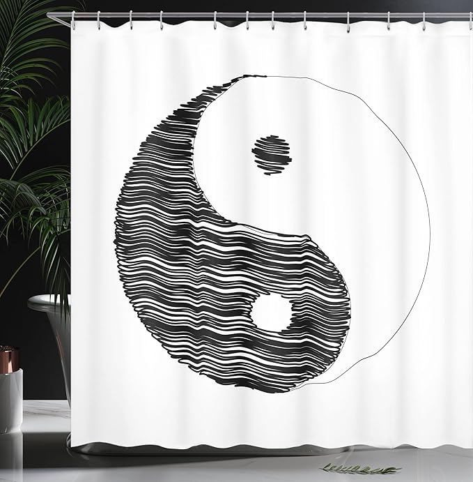Ambesonne Ying Yang Shower Curtain, Sketch Style Yin Yang Pattern Active and Passive Power of Cosmos Theme, Cloth Fabric Bathroom Decor Set with Hooks, 69" W x 70" L, White Black