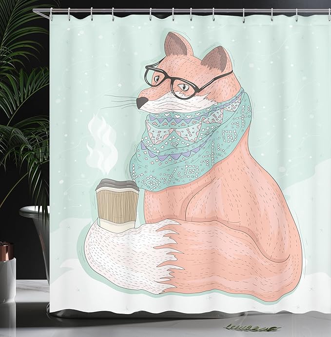 Ambesonne Animal Shower Curtain, Hipster Fox Glasses and Scarf Drinking Coffee Hippie Illustration, Cloth Fabric Bathroom Decor Set with Hooks, 69" W x 70" L, Coral Mint