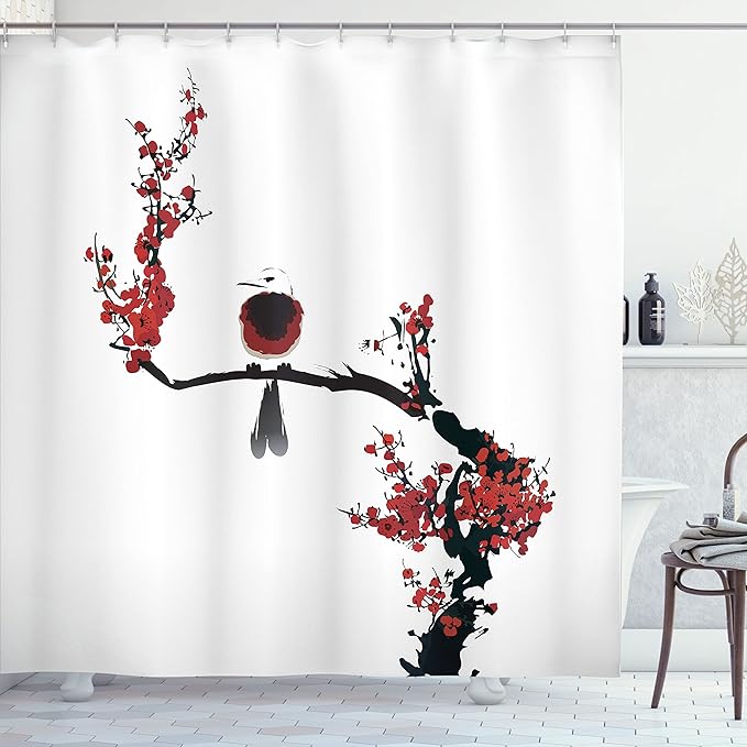 Ambesonne Nature Shower Curtain, Bird on Cherry Tree Summertime Classic Painting Style Illustration Print, Cloth Fabric Bathroom Decor Set with Hooks, 69" W x 84" L, Black Red