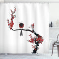 Ambesonne Nature Shower Curtain, Bird on Cherry Tree Summertime Classic Painting Style Illustration Print, Cloth Fabric Bathroom Decor Set with Hooks, 69" W x 84" L, Black Red