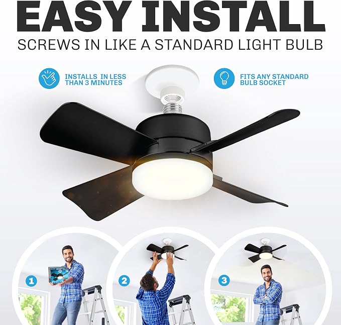 Bell+Howell Socket Breeze 15.4" Socket Fan Light with Remote | 3500K, 1000 Lumens, Portable, Small, Easy to Install Ceiling Fan Replacement for Bedroom, Kitchen, Living Room
