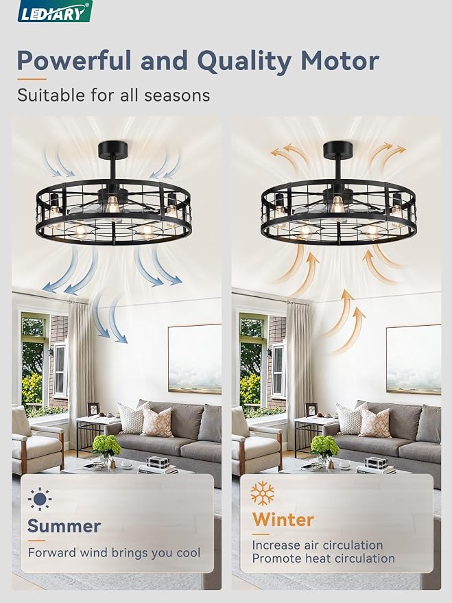 LEDIARY 30 inch Fandelier Caged Ceiling Fan with Light, Bladeless Ceiling Fan with Remote, Farmhouse Fan Lights Ceiling Fixtures for Kitchen, Bedroom, Outdoor(6 Speed, Timing)-Black