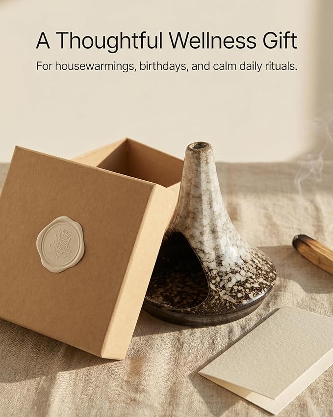 Ceramic Palo Santo Holder & Ash Catcher with Mini Chimney, Incense Holder & Sage Burner, Wabi-Sabi Home Decor for Meditation & Yoga (Ash Stone)