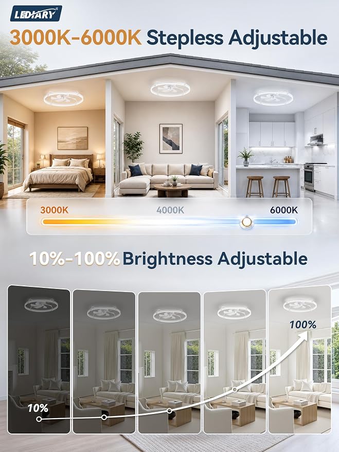 LEDIARY 30" Ceiling Fans with Lights and Remote, Low Profile,Large, White | 3000K-6000K Stepless Dimmable Fandelier, Reversible DC Motor, Remote and APP Control, Bedroom Kitchen Living Room Fan Light