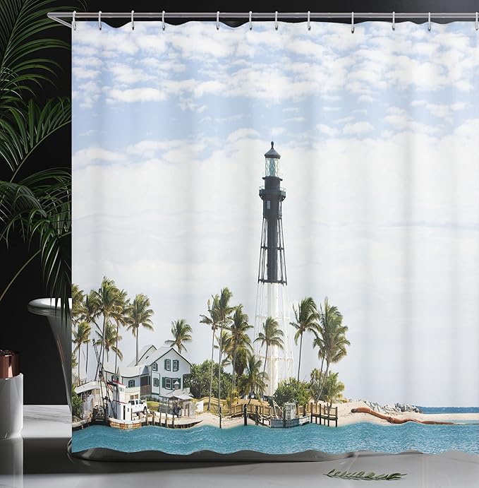 Ambesonne United States Shower Curtain, Hillsboro Lighthouse Pompano Beach Florida Atlantic Ocean Palms Coast, Cloth Fabric Bathroom Decor Set with Hooks, 69" W x 75" L, Blue White Green