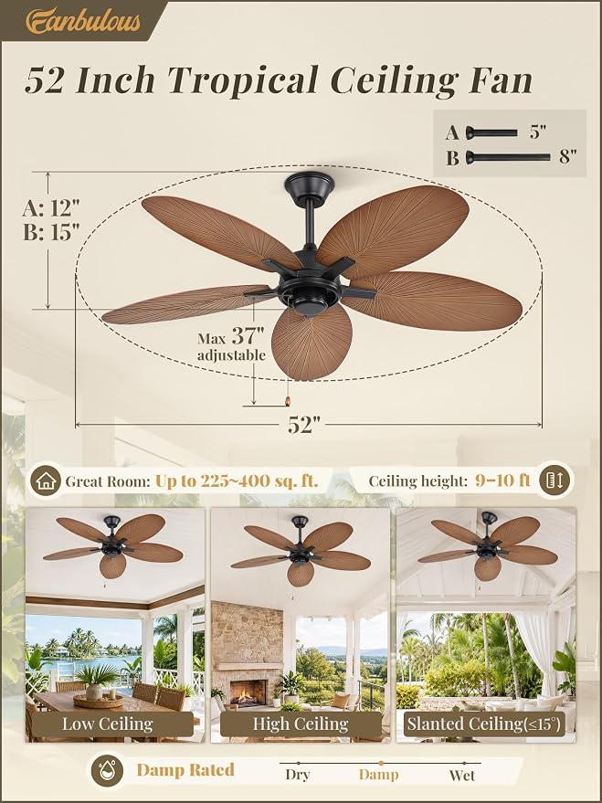 Fanbulous 52 Inch Ceiling Fan No Light, Remote & Pull Chain Tropical Fan With 6 Speeds, 3 Timers, DC Quiet Motor, 5 Palm Blade for Bedroom Living Room Covered Outdoor Patio Porch, Damp Rated, Walnut