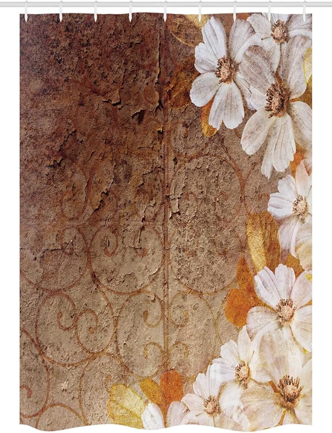 Ambesonne Grunge Stall Shower Curtain, Flowers and Leaves Pattern on Cracked Wall with Floral Lines Classic Design, Fabric Bathroom Decor Set with Hooks, 54" W x 78" L, White Brown