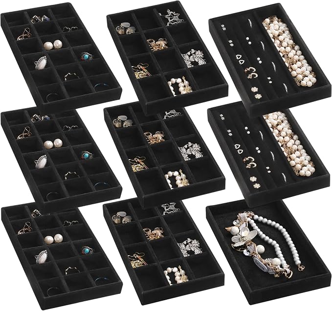 Frebeauty Jewelry Trays for Drawer,Set of 9 Jewelry Organizer and Storage | Velvet Material,Earring Holder Organizer,Stackable Jewelry Display for Vanity,Drawer Inserts for Rings,Studs,8.3×4.9 inch
