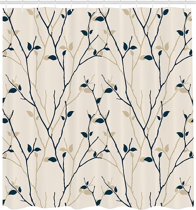 Ambesonne Leaf Shower Curtain, Branches in The Fall Trees Stem Twig Last Few Leafage Minimalistic Design Art, Cloth Fabric Bathroom Decor Set with Hooks, 69" W x 70" L, Beige Dusk