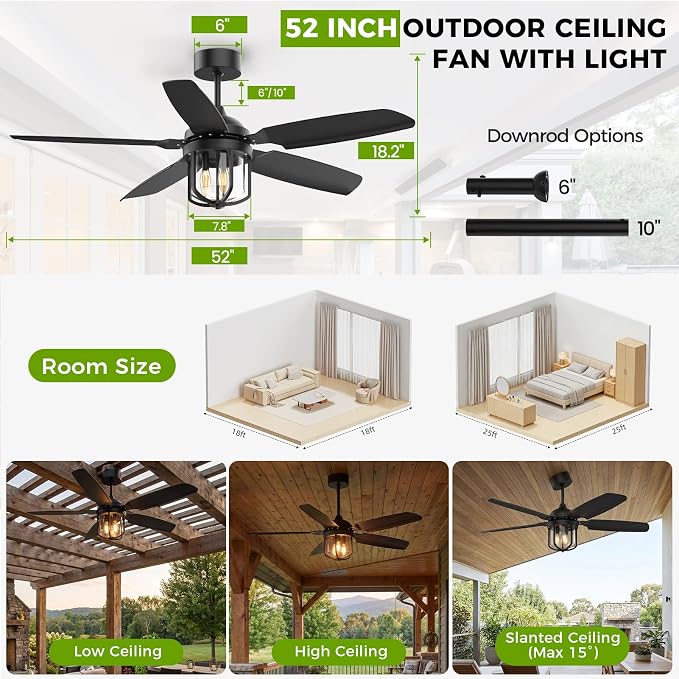 52 inch Outdoor Ceiling fan with Light and Remote Control, IP65 Waterproof 2700K Color light Ceiling fan, Reversible Quiet DC Motor, 5 Blades Black Ceiling Fan for Patios Gazebos Pergolas