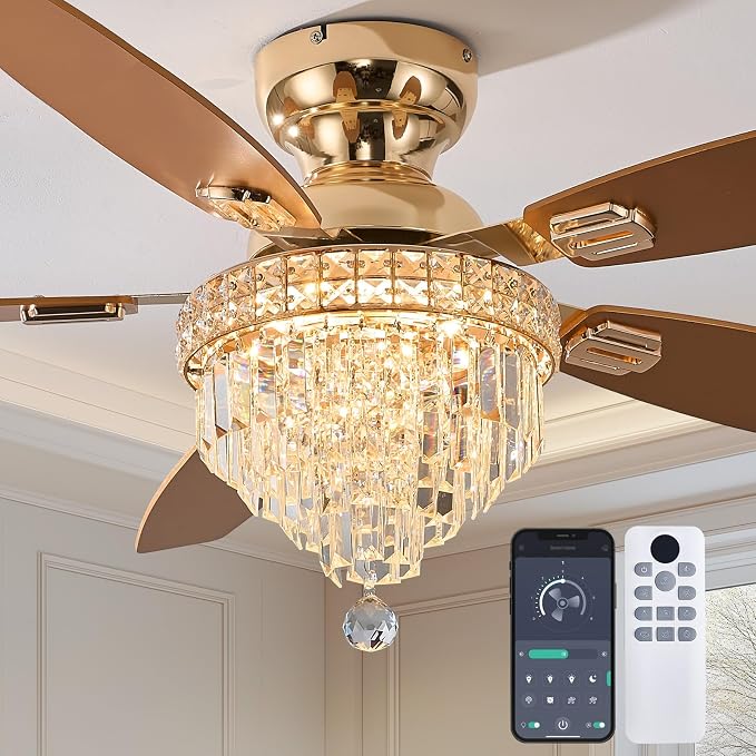 Crystal Ceiling Fan Fandelier with Lights-Ceiling Fans with Lights,54" Low Profile and Remote Control, Flush Mount, Reversible, Dimmable, Noiseless,Gold Ceiling Fan for Bedroom