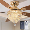 Crystal Ceiling Fan Fandelier with Lights-Ceiling Fans with Lights,54" Low Profile and Remote Control, Flush Mount, Reversible, Dimmable, Noiseless,Gold Ceiling Fan for Bedroom