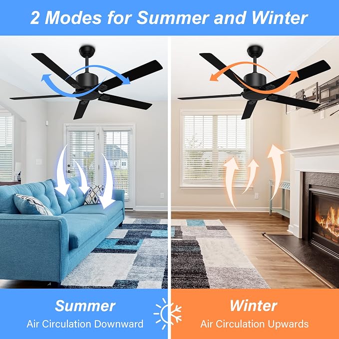 Obabala Outdoor Ceiling Fan No Light, 52 Inch Black Modern Ceiling Fan Without Light, Dual Finish 5 Blades,6 Speed, Reversible Quiet DC Motor for Patios, Garage, Bedroom, Porch