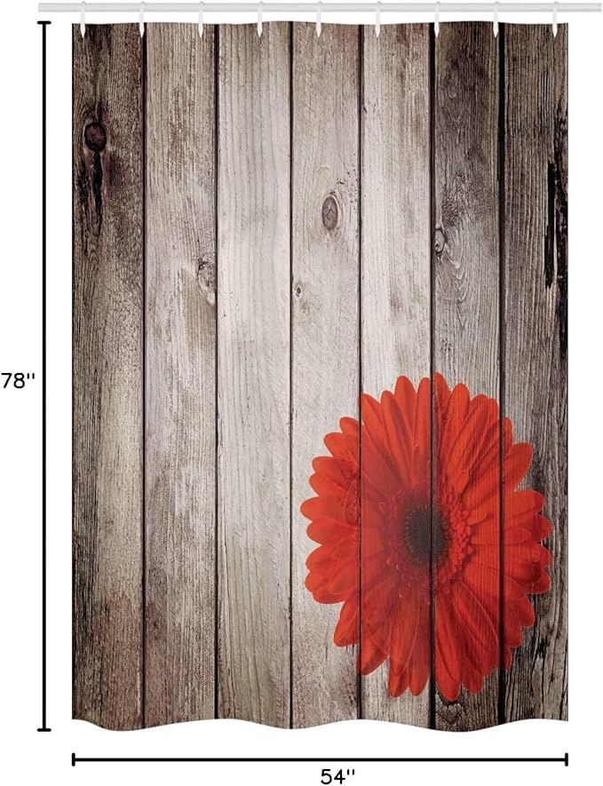 Ambesonne Rustic Stall Shower Curtain, Flower Red Dahlia on Foreground of Murky Featured Dated Wooden Board Retro Art Print, Fabric Bathroom Decor Set with Hooks, 54" W x 78" L, Brown