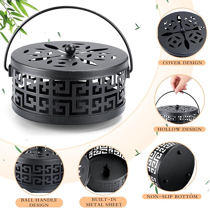Lallisa 4 Pieces Mosquito Coil Holder Incense Coil Holder Round Retro Portable Metal Hanging Incense Burner with Handle for Home Camping Indoor Outdoor Patio(Black)