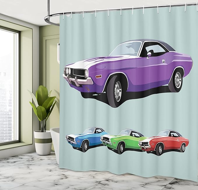 Ambesonne Manly Shower Curtain, American Muscle Car History Auto Sport Roadster Competition Generation, Cloth Fabric Bathroom Decor Set with Hooks, 69" W x 70" L, Purple Green Blue