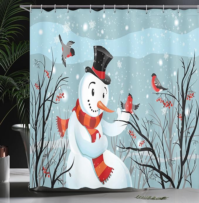 Ambesonne Christmas Shower Curtain, Snowy Winter Tree Branches Berries Bullfinch Birds Snowman Hat, Cloth Fabric Bathroom Decor Set with Hooks, 69" W x 75" L, Almond Green Black Orange