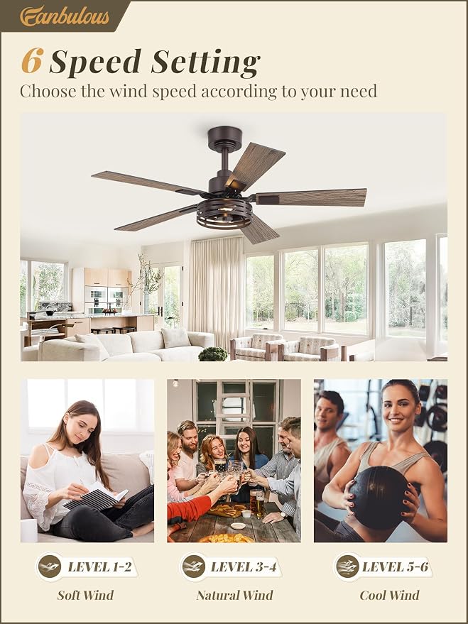 Fanbulous Farmhouse Caged Ceiling Fans with Lights and Remote, 42 Inch Oil Bronze Bedroom Ceiling Fans for Living Room Kitchen，6 Speed Reversible Quiet DC Motor, Dual Finish 5 Blades