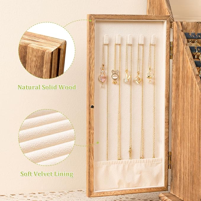 Jewelry Box Organizer, Rustic Wooden Jewelry Boxes for Women Girls, Large Storage Earring Holder Organizer Display for Earrings Necklaces Rings Bracelets (Rustic Brown)