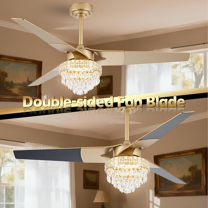 Chandelier Ceiling Fans With Lights And Remote, Chandelier Fan Ceiling,Crystal Ceiling Fan Fandelier With Lights,6 Speed 3 Timer Quiet Ceiling With Fans For Living Room Bedroom (Gold, 52 In'ch)