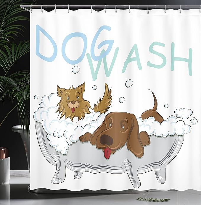 Ambesonne Cartoon Shower Curtain, Playful Dogs Wash in a Bathtub Grooming Each Other Pets Theme Humor Funny Whimsical Illustration, Cloth Fabric Bathroom Set with Hooks, 69" W x 75" L, Brown White