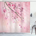 Ambesonne Nature Shower Curtain, Illustration of Spring Tree Branch with Blossoms Sun Beams on Blurred Background, Cloth Fabric Bathroom Decor Set with Hooks, 69" W x 70" L, Pink Fuchsia