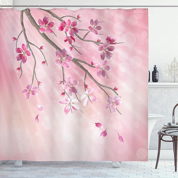 Ambesonne Nature Shower Curtain, Illustration of Spring Tree Branch with Blossoms Sun Beams on Blurred Background, Cloth Fabric Bathroom Decor Set with Hooks, 69" W x 70" L, Pink Fuchsia