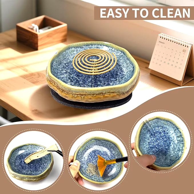 Handmade Ceramic Incense Burner, Ash Catcher for Sticks, 9 Incense Holes Suitable for Most Types, Cones, Palo Santo & Sage, Ideal for Meditation, Incense Smudging, and Home Decor (Blue Crystal)