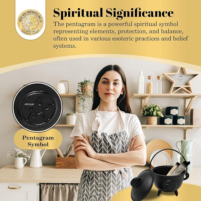 New Age Imports, Inc. Pentagram Cast Iron Cauldron w/Handle & lid, Ideal for smudging, Incense Burning, Ritual Purpose, Decoration, Halloween Decoration, Candle Holder, etc. (Pentagram - BR95)