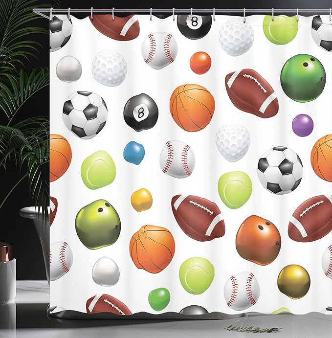 Ambesonne Sports Shower Curtain, Colorful Look Different Type of Balls Various Sports Professional Hobby Leisure Time Activity Themes, Cloth Fabric Bathroom Set with Hooks, 69" W x 75" L, Black Green