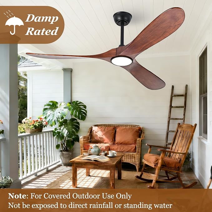 60 Inch Ceiling Fan with Light and Remote, Wood Outdoor Ceiling Fan with Light for Patios Gazebo Living Room Bedroom Modern 3 Blade High CFM Wet Rated Indoor Exterior Fan (Walnut)