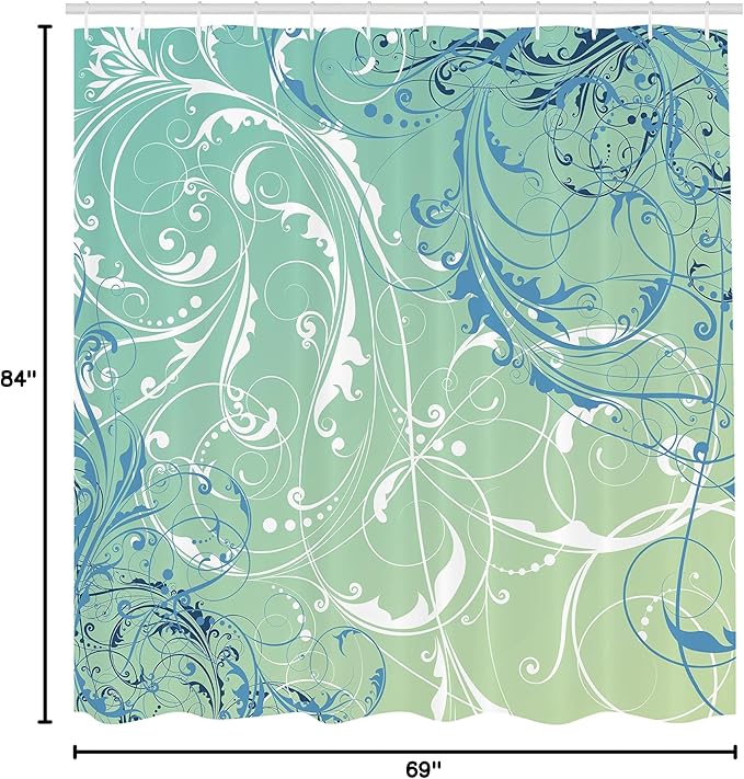 Ambesonne Floral Shower Curtain, Baroque Swirl Branches Curved Flower Leaves Shabby Form Nature Pattern, Cloth Fabric Bathroom Decor Set with Hooks, 69" W x 84" L, Fern Green