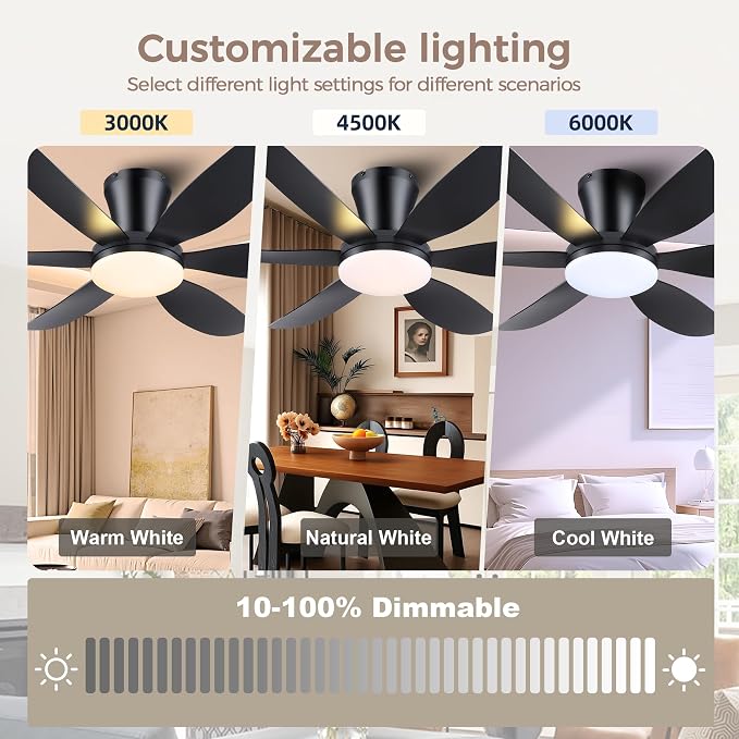 GJeg Ceiling Fans with Lights,42" Low Profile Ceiling Fan with Light and Remote Control,Flush Mount, Reversible, Dimmable, Noiseless, Black Ceiling Fan for Bedroom