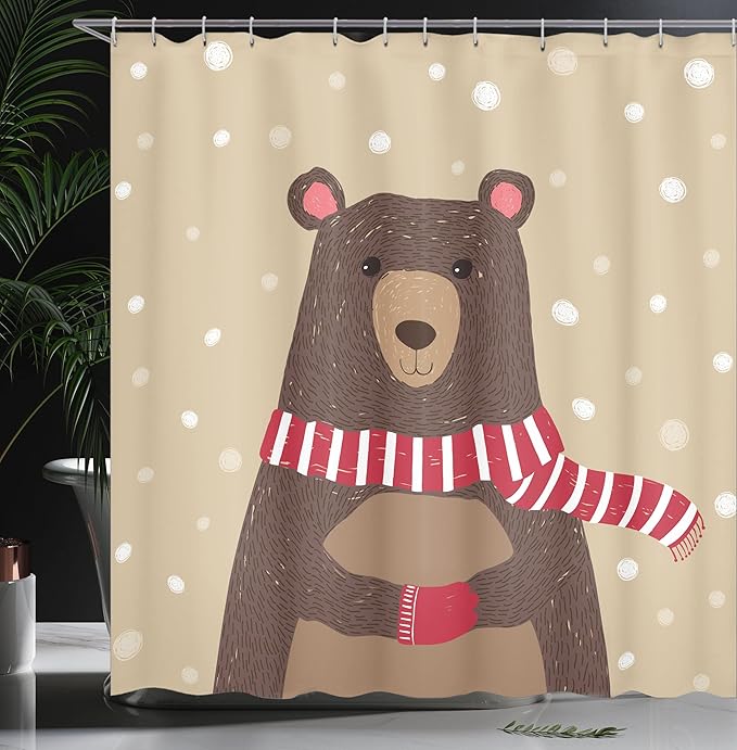 Ambesonne Cartoon Shower Curtain, Bear Wearing Red Scarf Under Snow Winter Cold Weather Playroom Print, Cloth Fabric Bathroom Decor Set with Hooks, 69" W x 75" L, Brown Sand Brown