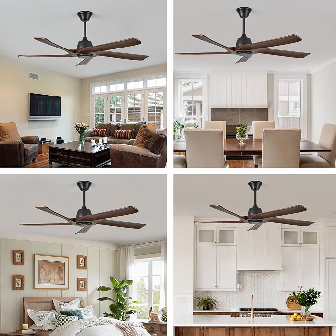 60 Inch Solid Wood Ceiling Fan No Lights, Remote and APP Control, DC Motor, 6-speed Reversible, Outdoor Ceiling Fans for Bedroom, Living Room, Office, Dark Walnut