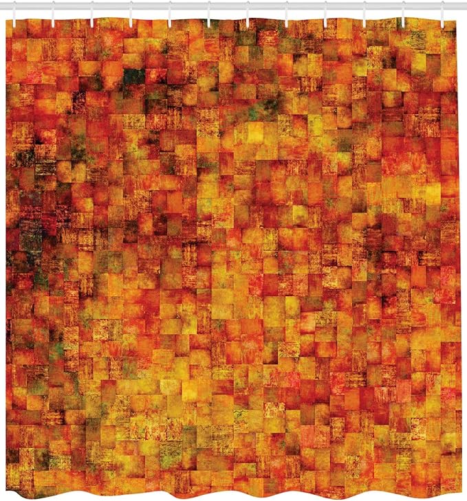 Ambesonne Burnt Orange Shower Curtain, Vintage Mosaic Background Quadratic Little Geometric Squares Faded Print, Cloth Fabric Bathroom Decor Set with Hooks, 69" W x 75" L, Orange Mustard