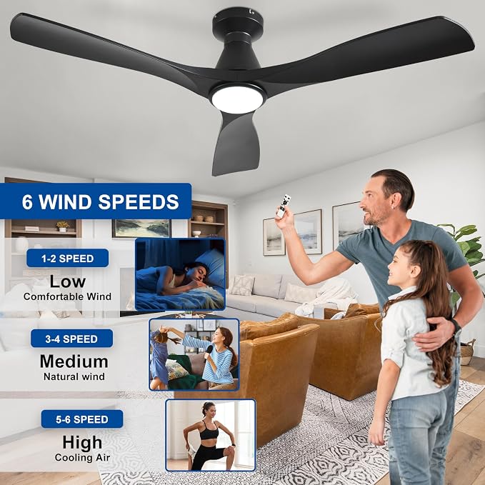 Depuley 52-Inch Ceiling Fans with Lights: Black 3 Blade Flush Mount Low Profile Ceiling Fan for Bedroom - Dimmable Indoor Outdoor Fan with Remote Control Ultra Quiet DC Motor Timer