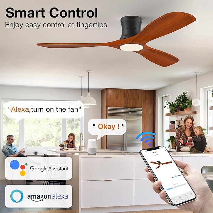 Hoenofly 52” Smart Wood Flush Mount Ceiling Fans with Lights Remote,Quiet DC Motor,Outdoor Indoor Low Profile Ceiling Fan,Voice Contorl with WIFI Alexa App Control,Modern fan for Bedroom Patio