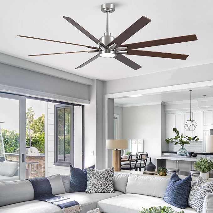 Rayqueen 72 Inch Brushed Nickel Ceiling Fans with Lights and Remote,Downrod | Walnut Blades,6 Speed Reversible DC motor,3-color temperature dimmable LED, 5.9/11.8/23.6 inch downrod